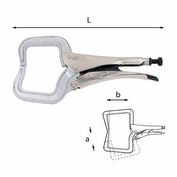 USAG 139 AL  Pinze regolabili autobloccanti con ganasce a collo di cigno in alluminio L mm 290 a mm 80 b mm 70          