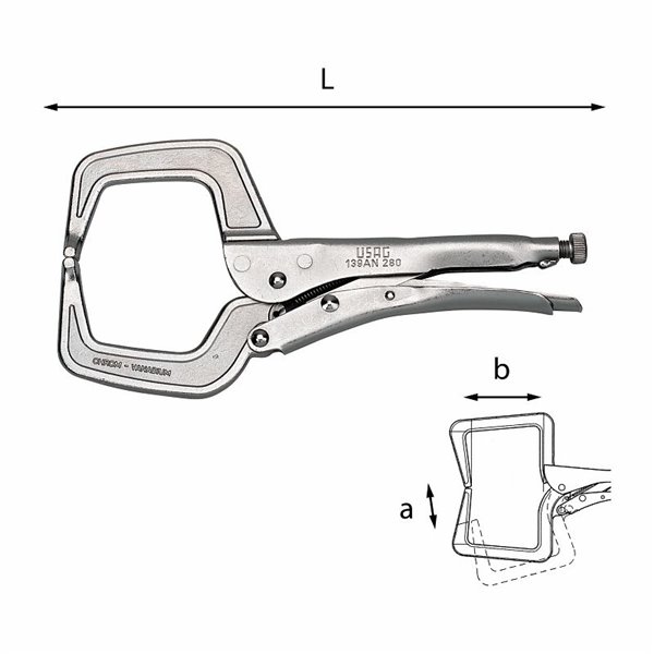 USAG 139 AN  Pinza regolabile autobloccante con ganasce a collo di cigno L mm 280 a mm 76 b mm 75          