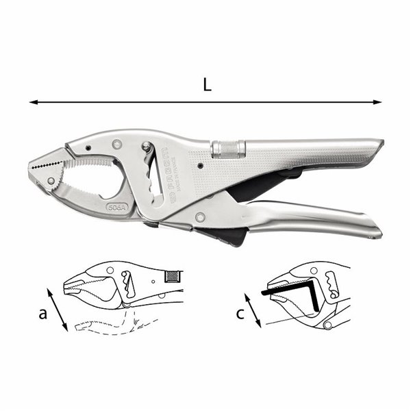 USAG 135 D  Pinza regolabile autobloccante a cremagliera con ganascia inferiore snodata L mm 250 a mm 110 c mm 50          