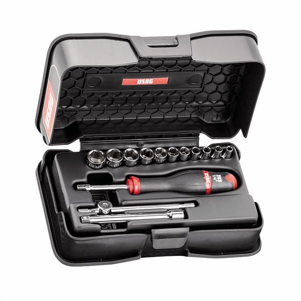 USAG 604 1/4 POL  Assortimento in cassetta di ABS con bussole esagonali in pollici (14 pz) LxPxH mm 210x130x60 Peso gr 700      