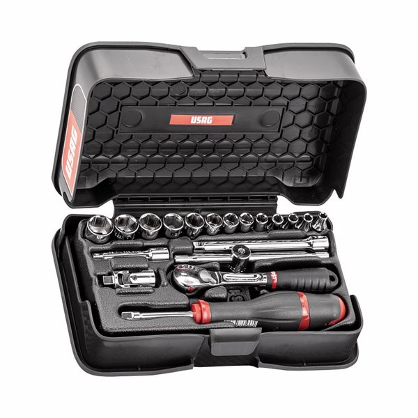 USAG 606 1/4 EB  Assortimento in cassetta di ABS con bussole esagonali (19 pz) LxPxH mm 210x130x60 Peso kg 1            