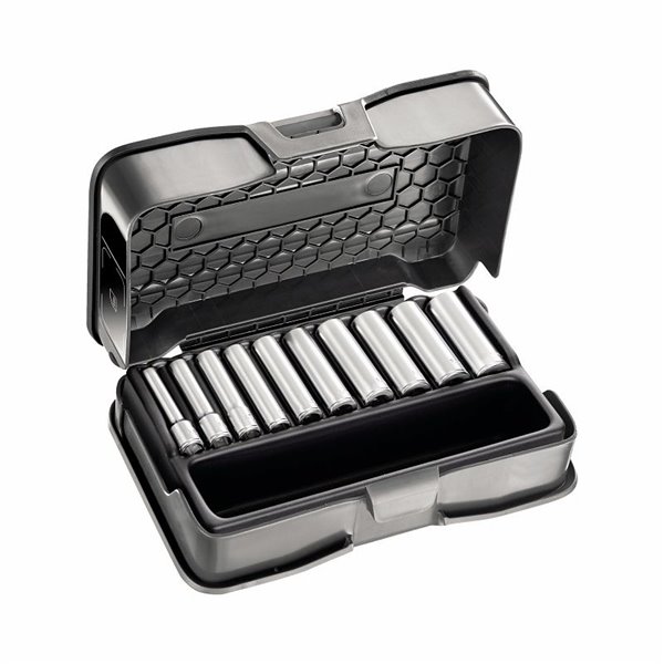 235 1/4 EL/C10  Assortimento in cassetta di ABS con bussole lunghe esagonali (10 pz) LxPxH mm 210x130x60 Peso gr 670            