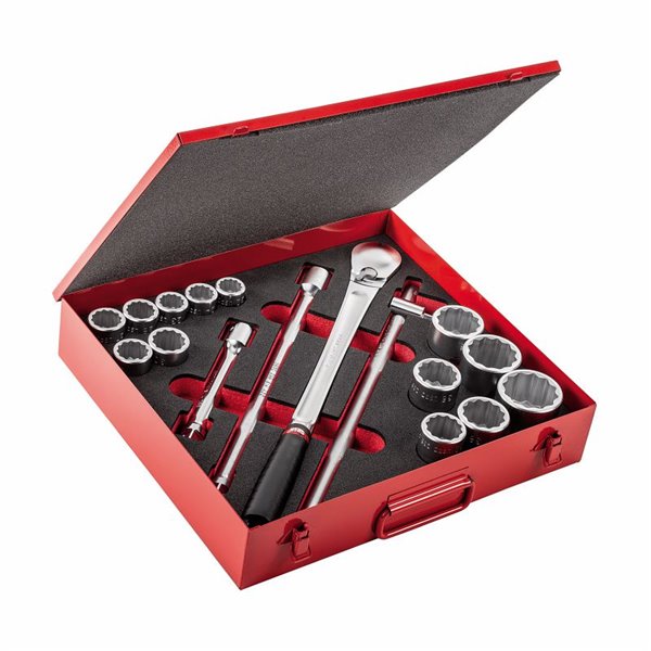 USAG 612 3/4 PB  Assortimento in cassetta di lamiera con bussole poligonali (17 pz) LxPxH mm 425x395x83 Peso kg 13            