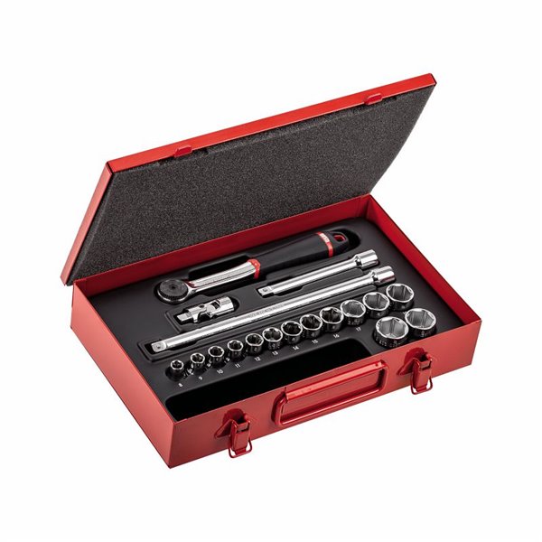 USAG 612 3/8 EA  Assortimento in cassetta di lamiera con bussole esagonali (18 pz) LxPxH mm 320x205x57 Peso kg 2,8            