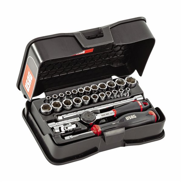 USAG 606 1/4 AEPOL  Assortimento in cassetta di ABS con bussole esagonali in millimetri e pollici (28 pz) LxPxH mm 210x130x60   