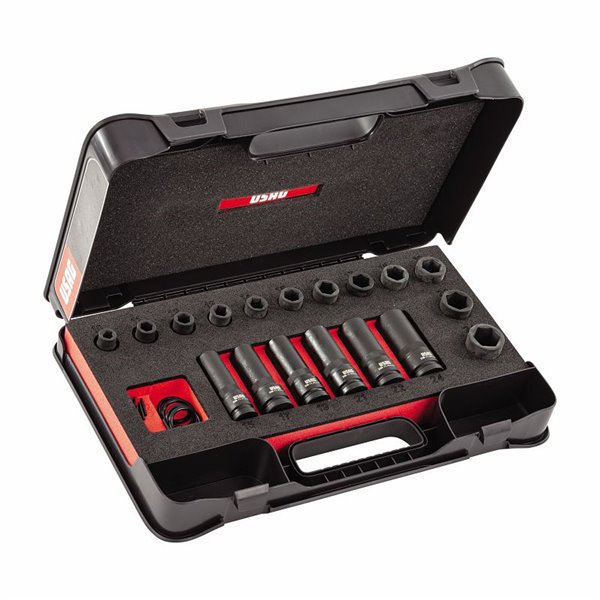 USAG 235 1/2 M/C21  Assortimento in cassetta di ABS con bussole macchina (18 pz) LxPxH mm 435x270x70 Peso kg 3            