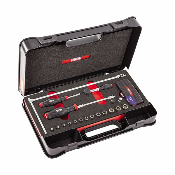 USAG 608 1/4 EAK  Assortimento in cassetta di ABS con prolunghe, cricchetto e bussole esagonali (49 pz) LxPxH mm 435x270x70     