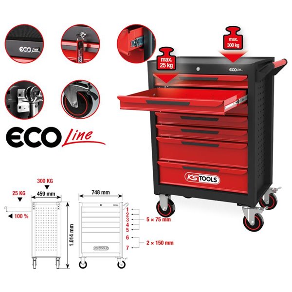 KS TOOLS ECOline BLACK/RED tool trolley with 7 drawers