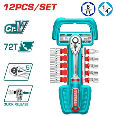 1/4” Socket Set and Accessories, 12 Pieces