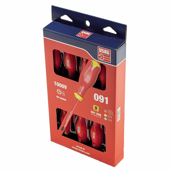 USAG 091 SH8  Serie di 8 giraviti per viti con intaglio, per viti con impronta a croce PHILLIPS® e per viti con impronta a croce