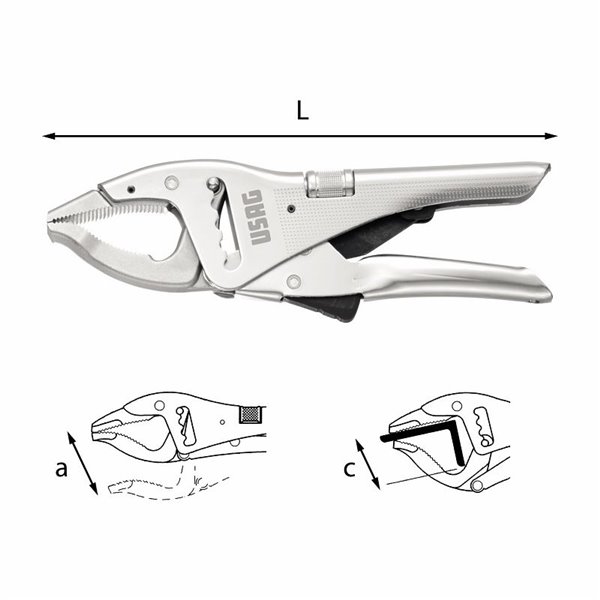 USAG 135 B  Pinza regolabile autobloccante a cremagliera con ganasce lunghe L mm 250 a mm 110 c mm 50          