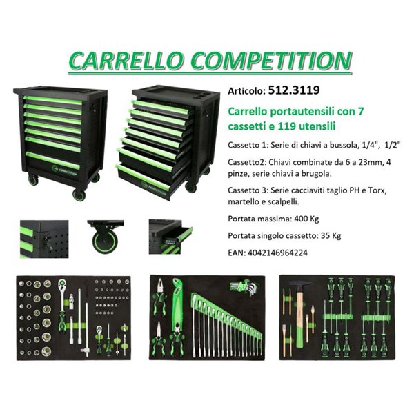 Carrello Competition KSTOOLS con 7 cassetti e 119 utensili